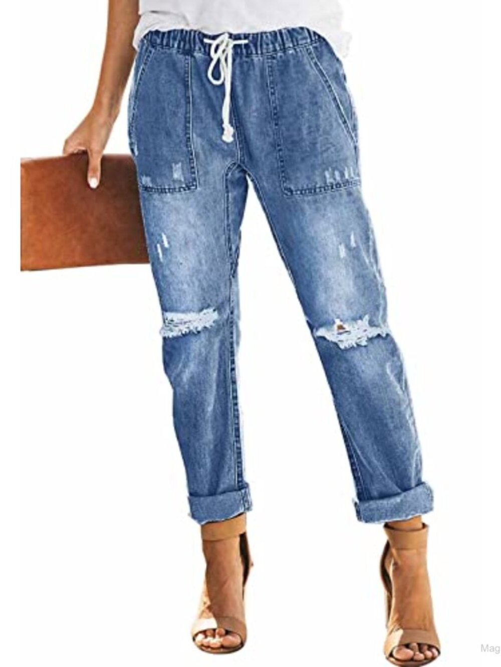 Women's Pull-On Distressed Stretch Jeans Elastic Waist Denim Joggers